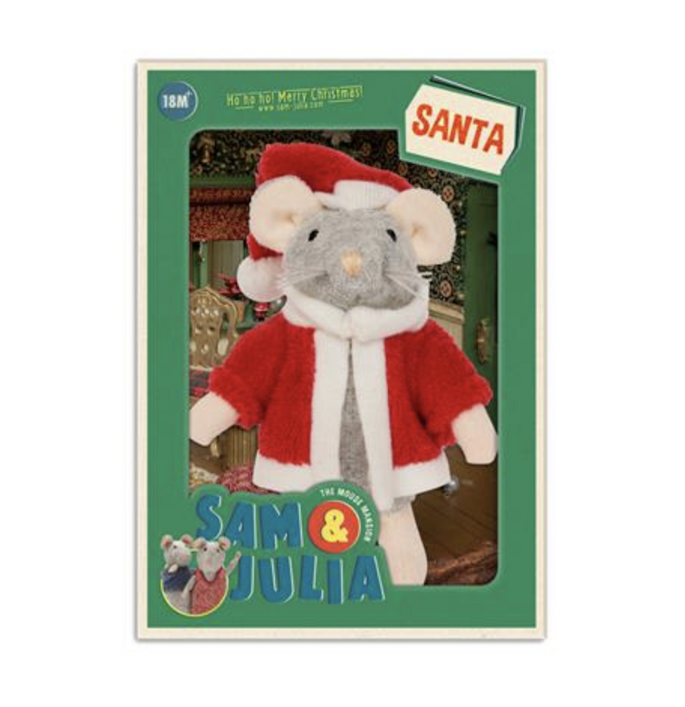 Plush mouse wearing a Santa hat and coat packaged in an open green box. 