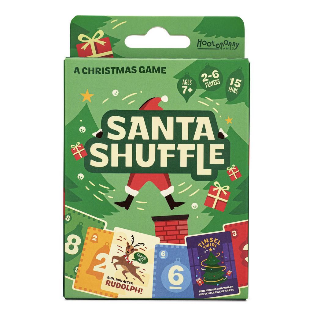 Green box with holiday illustrations that include examples of the cards that are found inside the deck of the Santa Shuffle card game. 