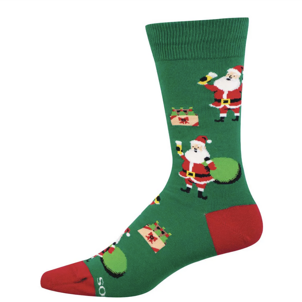Green crew socks with Santa's raising a pint of beer and six packs wrapped on nice and neat with red ribbon. 