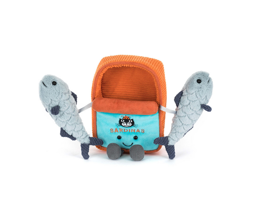 Two small plush sardines connected to an orange and blue plush sardine tine on a white background.