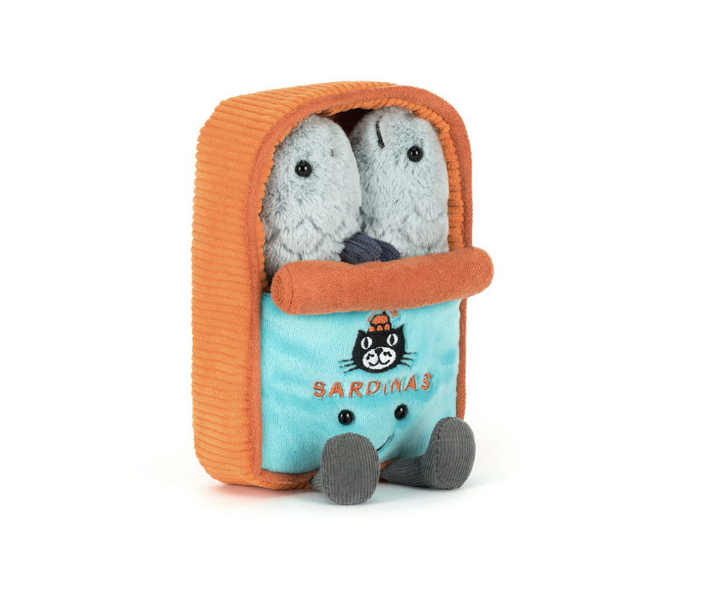 Two plush sardines in a orange and blue plush sardine tin on a white background.