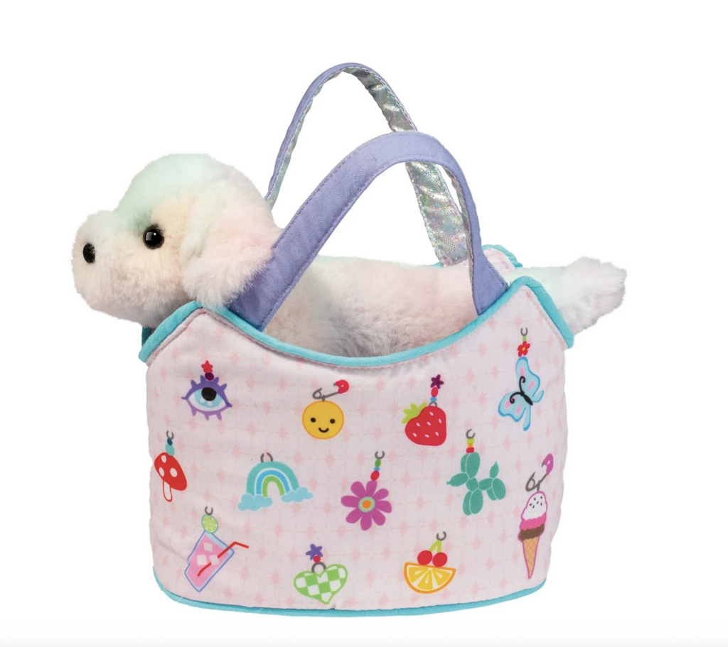 Cute plush purse with equally cute charms printed all over it with a rainbow plush pup inside. 