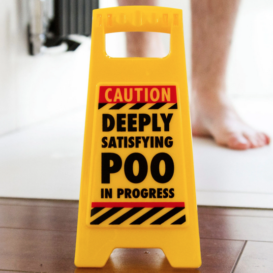 Bright yellow caution sign that reads "Deeply Satisfyinh Poo in Progress"