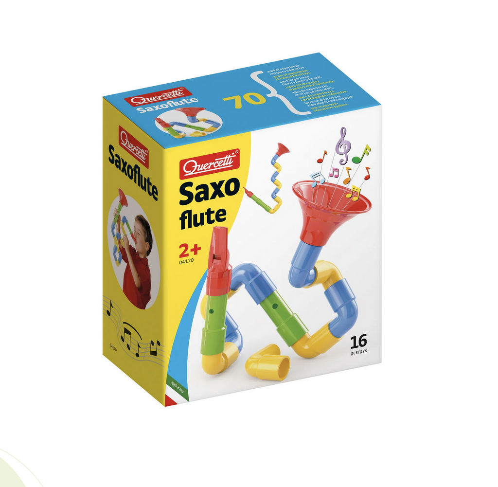 Colorful box of the Saxoflute shows one way to build the musical instrument and different colored music notes coming out of the trumpet end. 16 pieces. Made in Italy. Ages 2 & up.