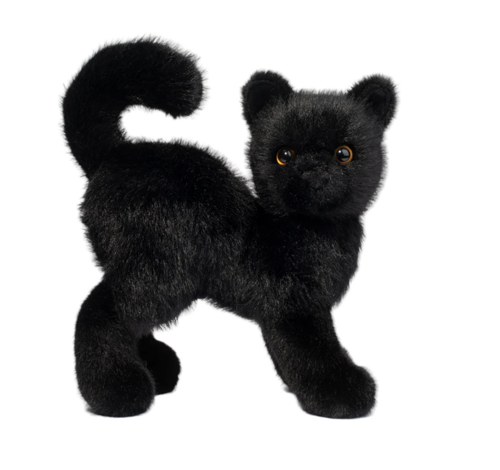 Black cat plush on a white background.