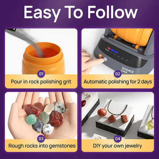 Instruction steps for using the rock tumbler. 