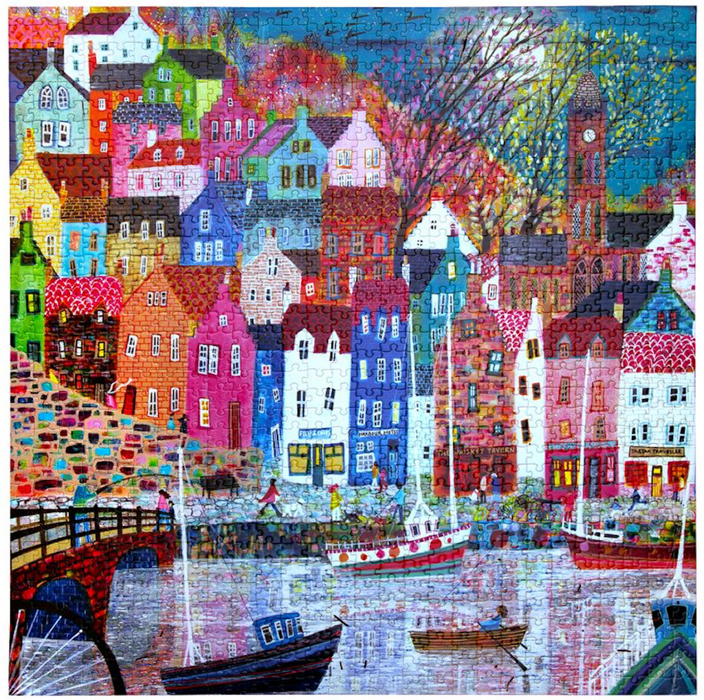 The completed Scottish Isle one thousand piece puzzle by Eeboo. 