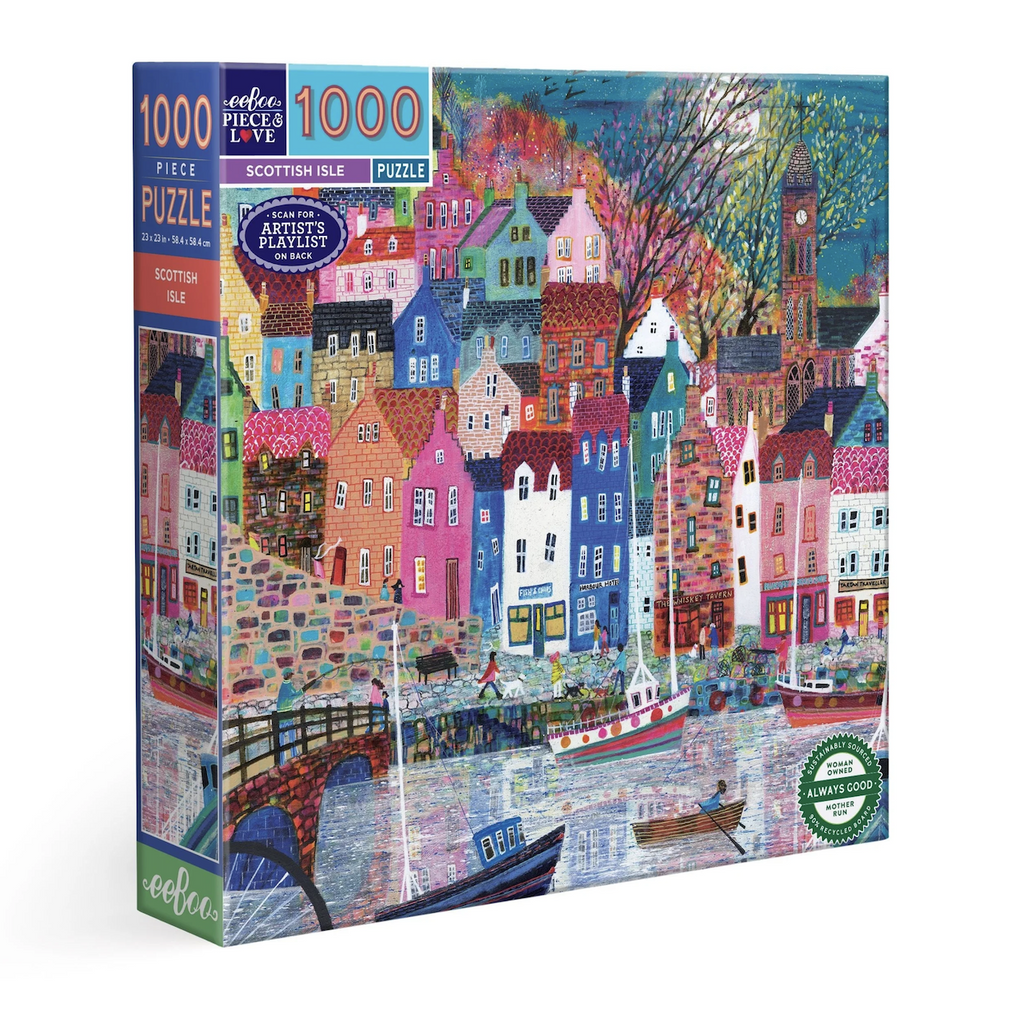 Colorful illustration of a quaint Scottish town  covering the front of the puzzle box. 