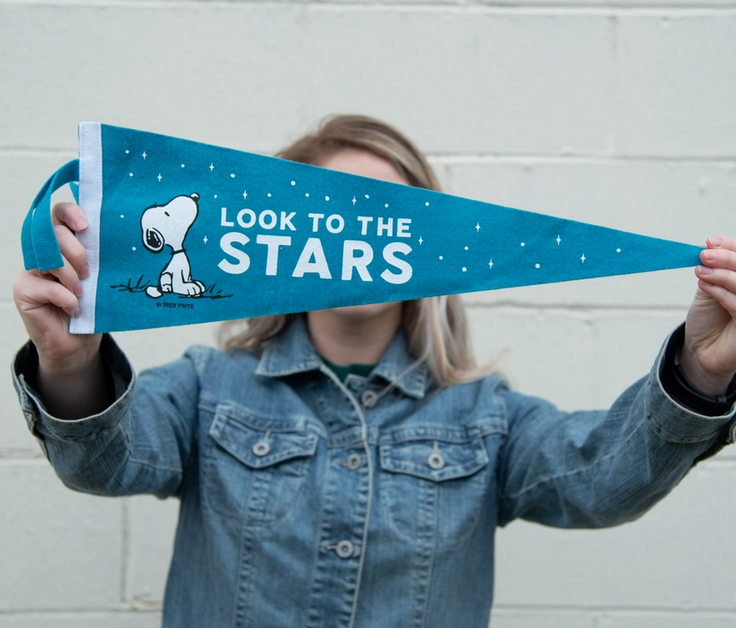 Turquoise blue triangle pennant with Snoopy gazing up to the stars printed on it. White letters red "Look To The Stars" being held by an adult over their face for scale of size. 