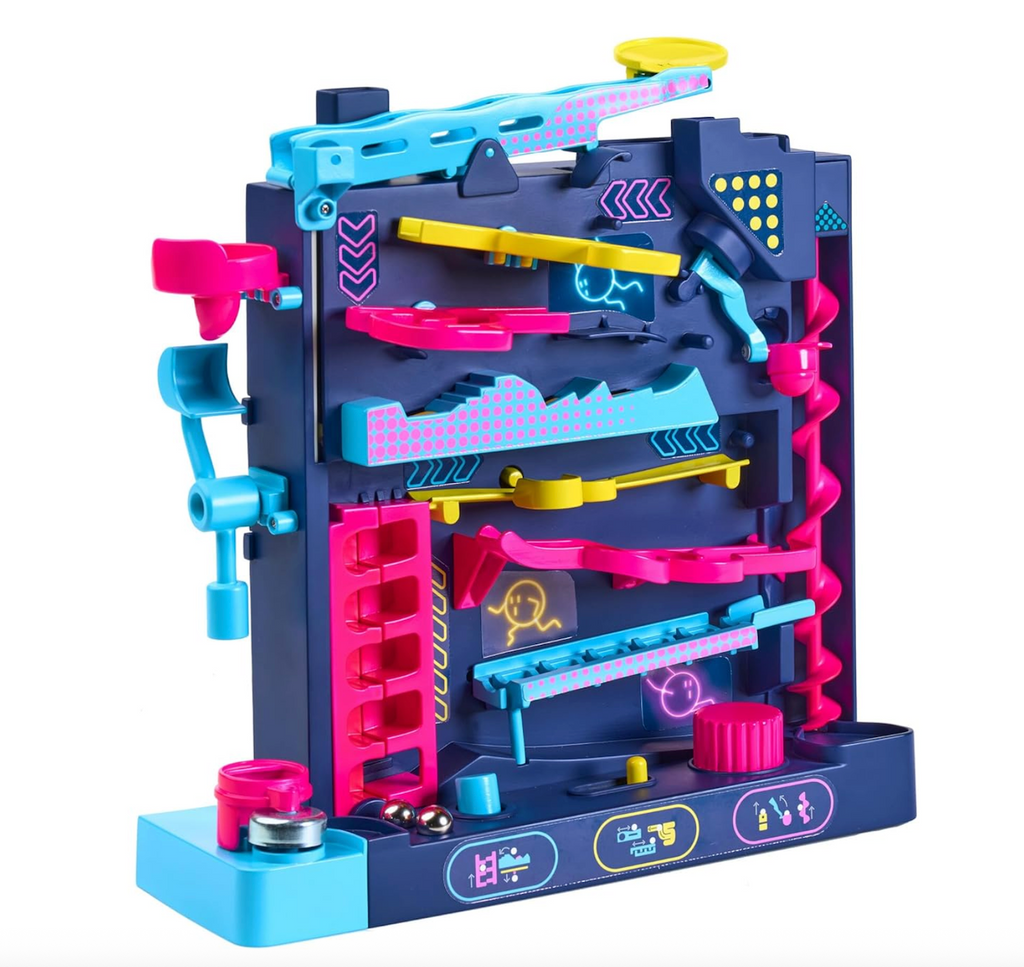 The Screwball Scramble Level Up game, a vertical marble maze challenge game filled with obstacles. 