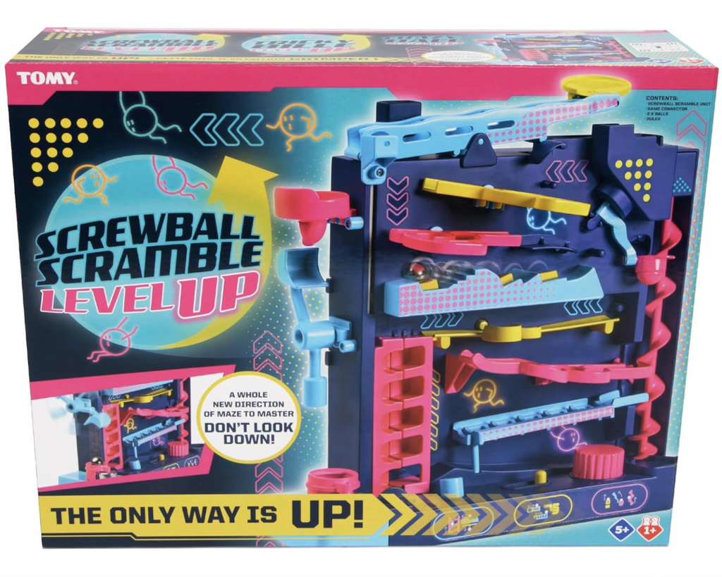 Colorful box for the Screwball Scramble Level Up maze game. The front of the box has a picture of the purple, pink, blue and yellow game. 
