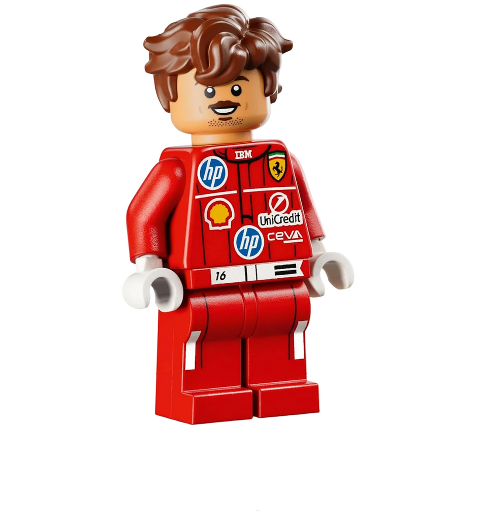 LEGO minifigure of Charles Leclerc Formula 1 driver in a red racing suit with sponsor logos on the front. 