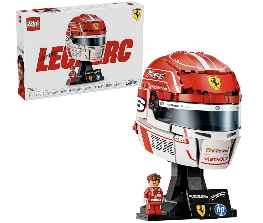 White LEGO box featuring a picture of the collectible LEGO Scuderia Ferrari HP Charles Leclerc Helmet set with a close up of the brick built helmet replica and minifigure of Charles Leclerc. 