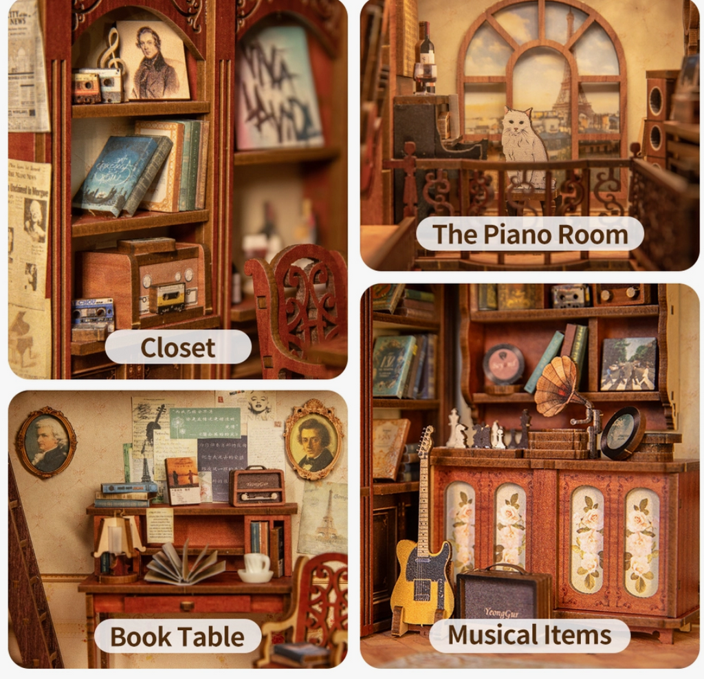 Close up of sections of the kit- closet with book shelves, piano room with a white cat and big window, book table complete with a mug, and various musical items.