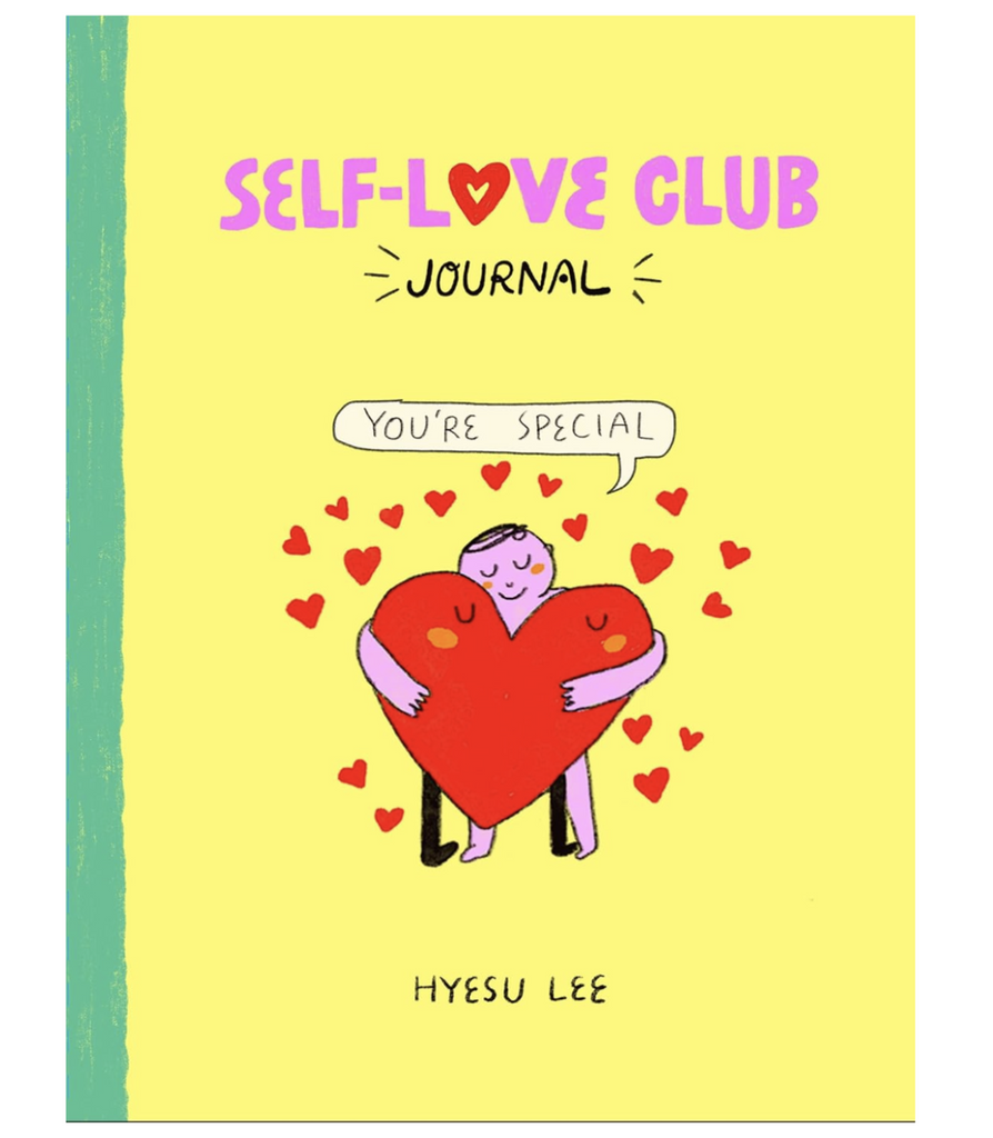 Self Love Club Journal with yellow background and illustration of a person hugging a heart. 