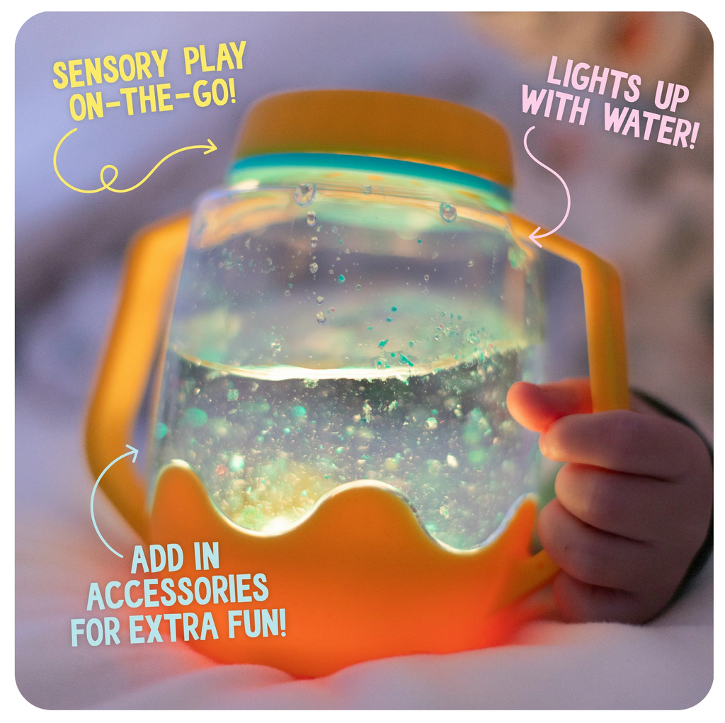 Lit up sensory play jar with text that raeds: sensory play on the go, lights up with water, add in accessories for extra fun.