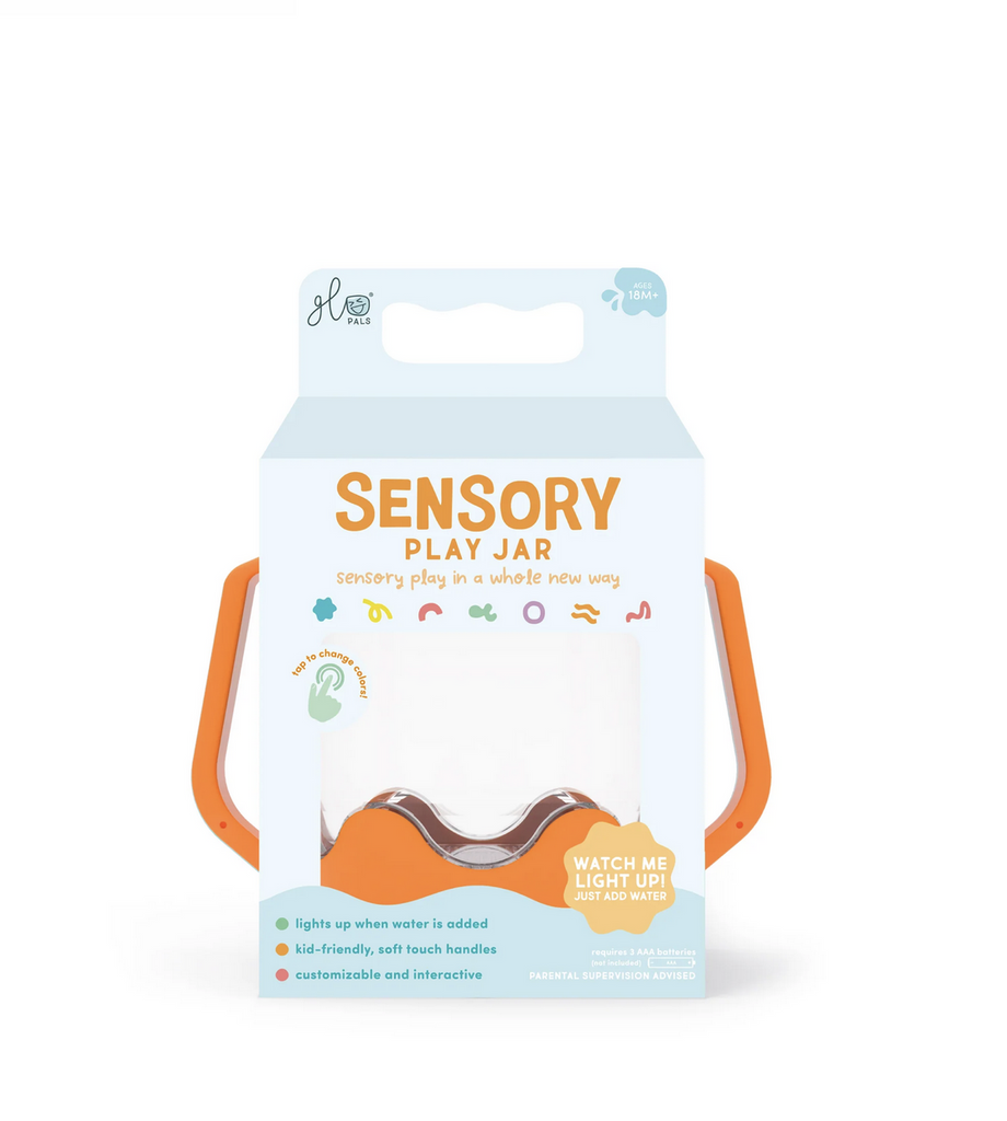 Sensory Play Jar with orange handles in a white package. 