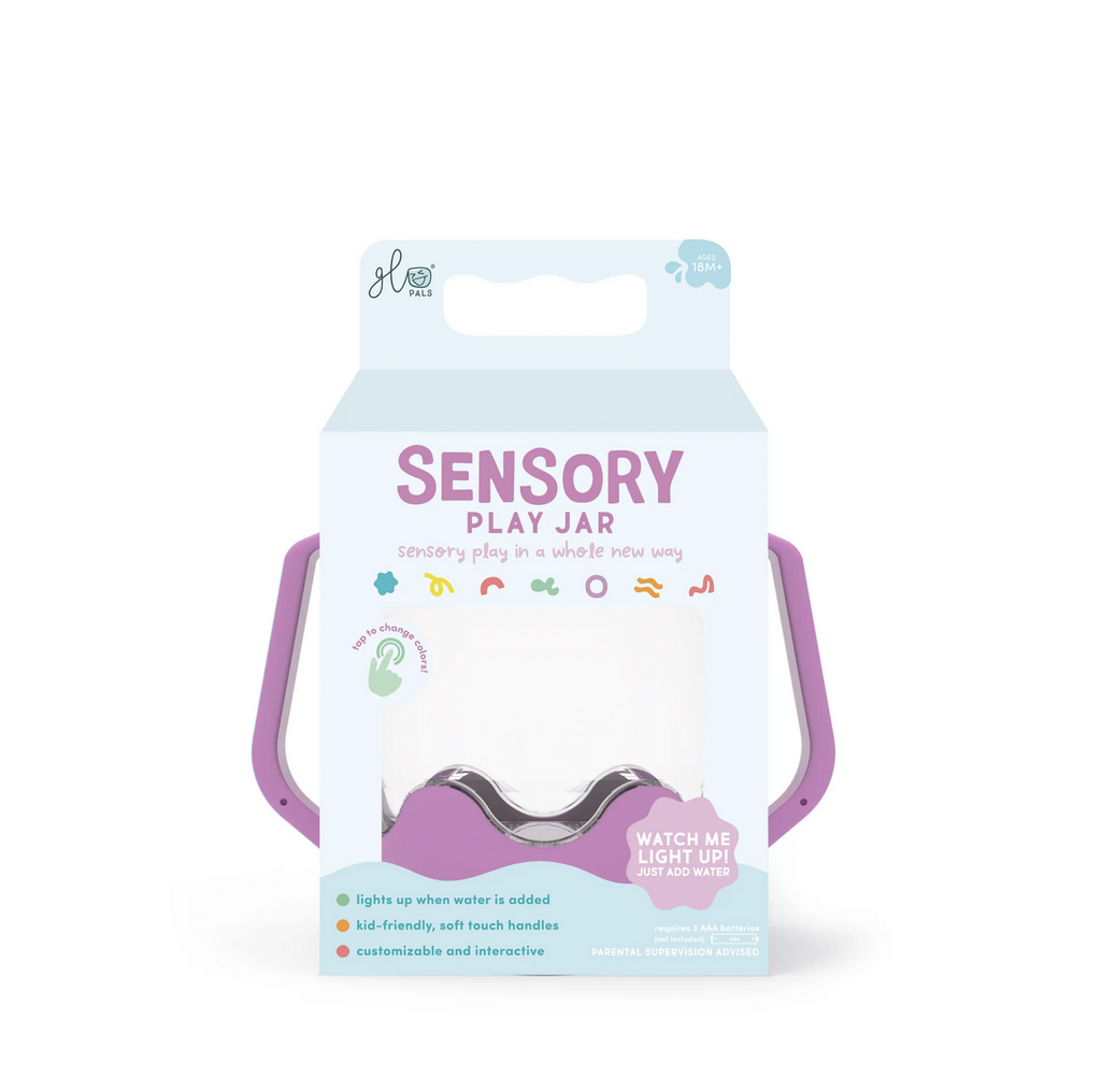 Sensory Play Jar with purple handles packaged in white packaging with a hang tab. 