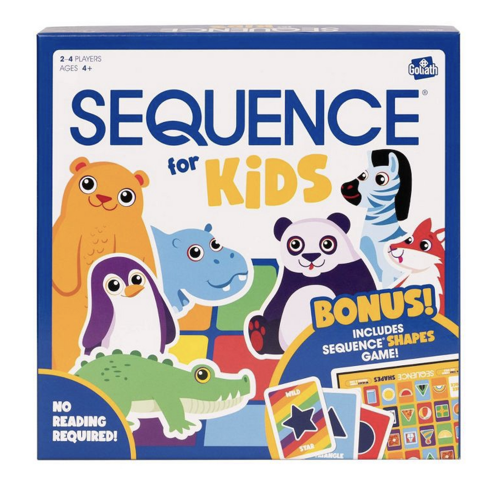 Box for Sequence for Kids game with illustrated animalsand sample game cards. 