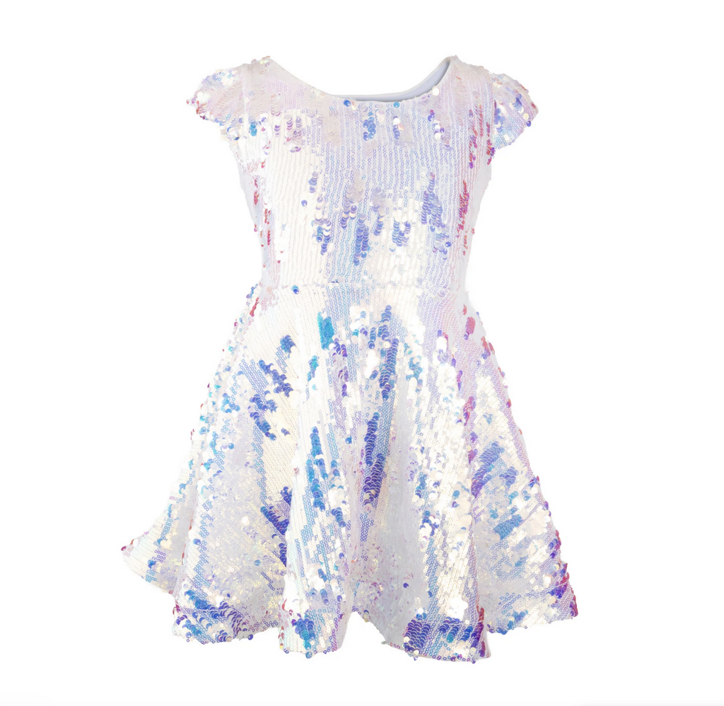 Costume dress up dress fully covered in a mix of large and small iridescent sequins, with flutter sleeves and a slight ruffle on the trim of the skirt. 