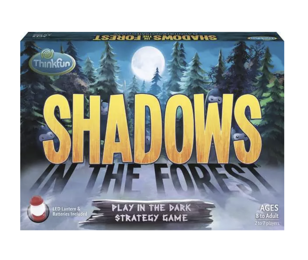 Shadows In The Forest game box with graphics of a dark forest in moonlight and yellow and black lettering for the title. 