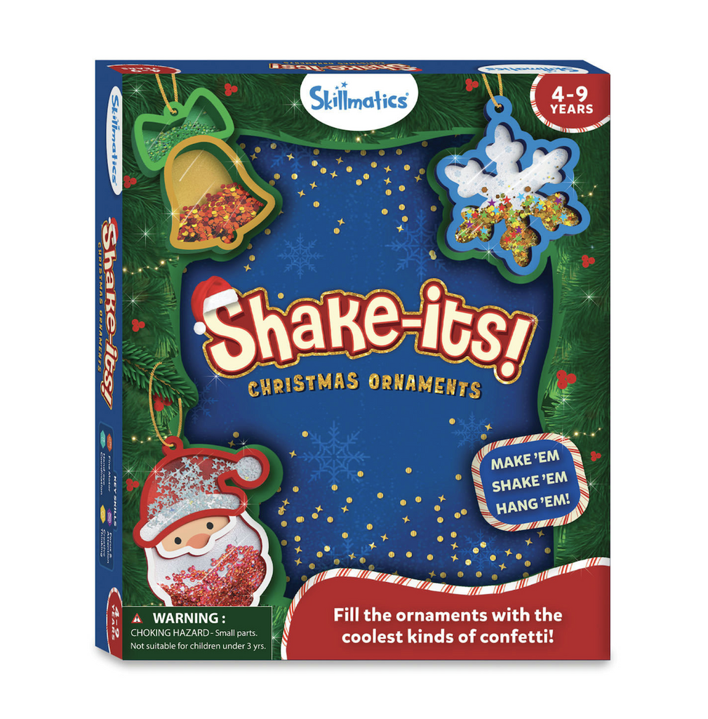 Festively decorated box for the Shake-Its! Ornaments with pictures of the shaped ornaments filled with confetti. 