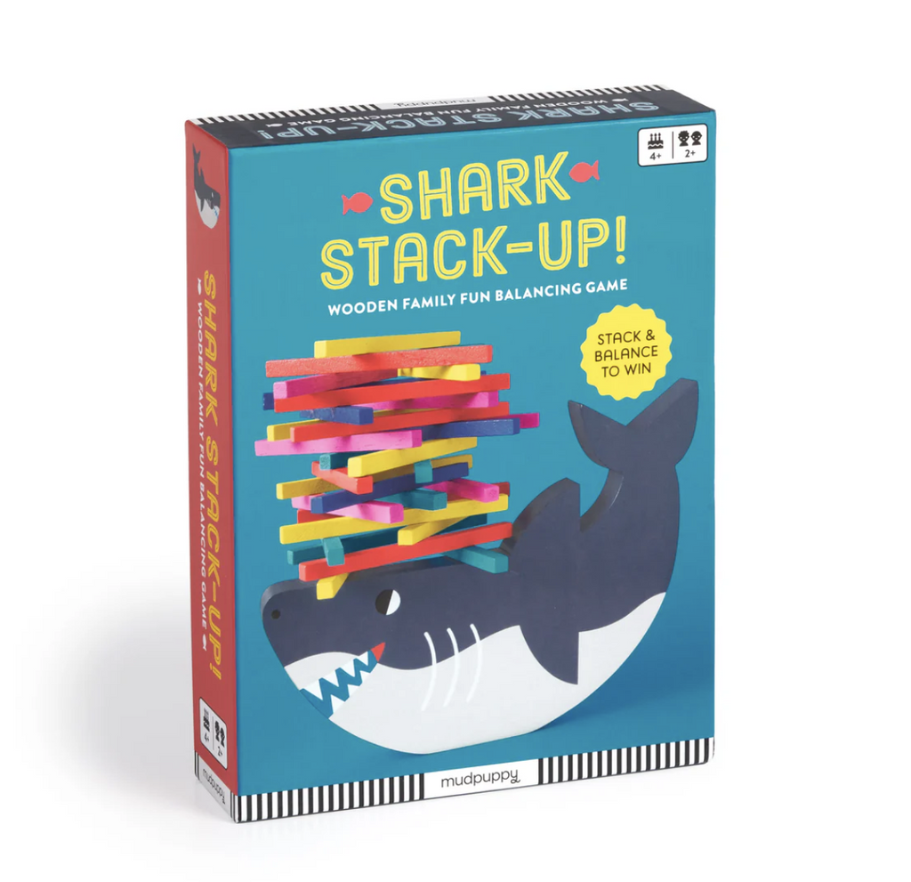 Box with the Shark Stack Up game pieces pictured. 