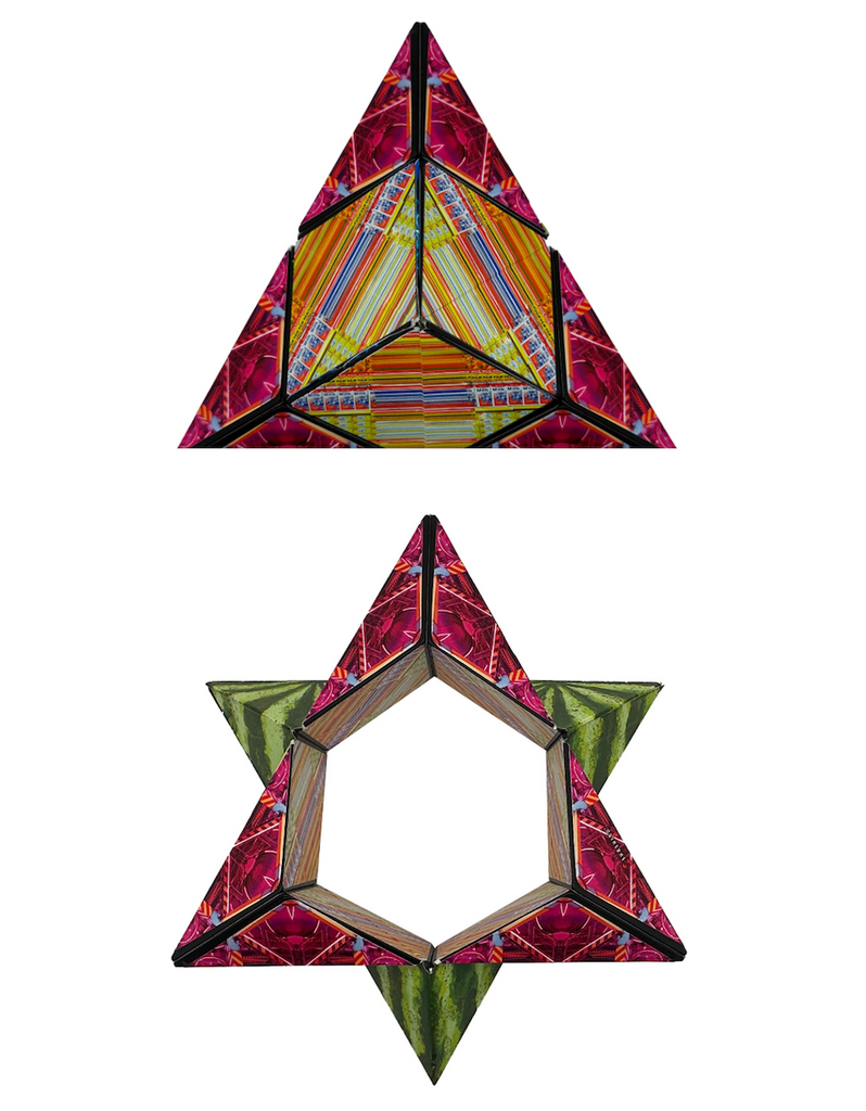 Hypermelon Shashibo configured in a pyramid shape and star shape with a hole in the center. 