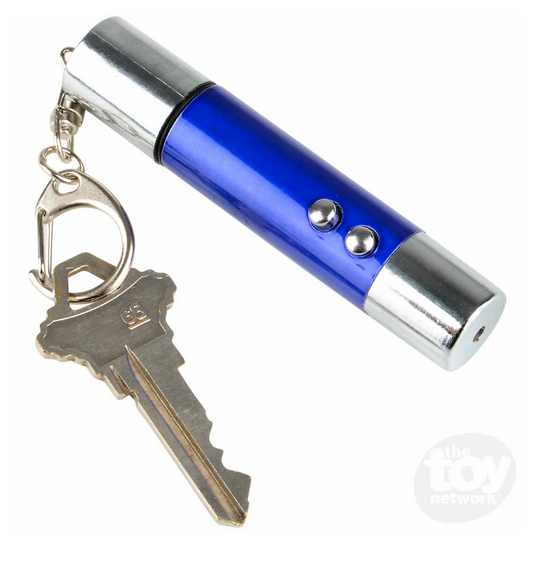 A royal blue barrel light keychain showing the two control buttons with a real key on the keyring. 