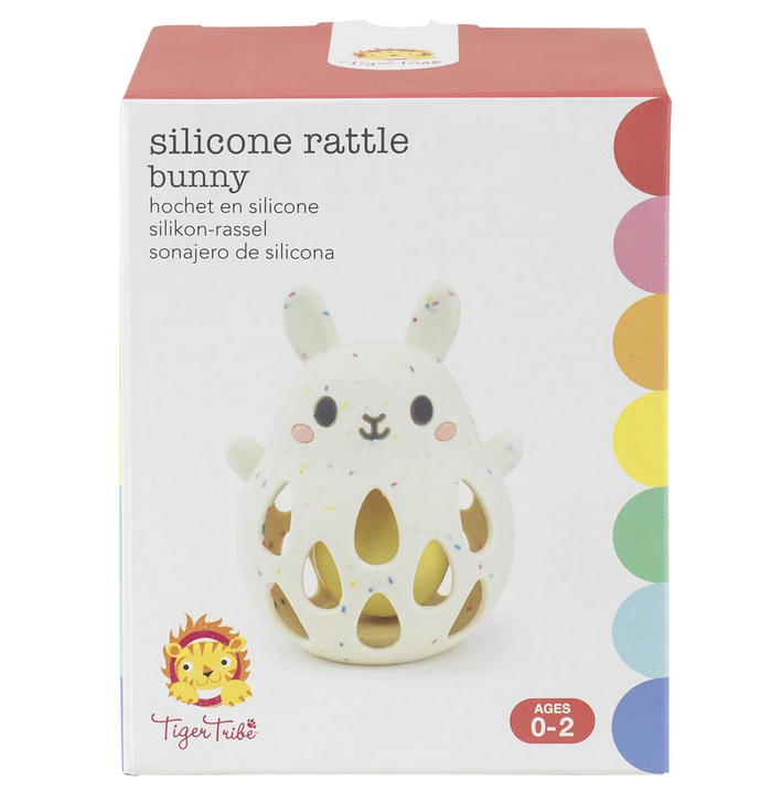 White box with multicolored background featuring a picture of the Silicone Bunny Rattle. 