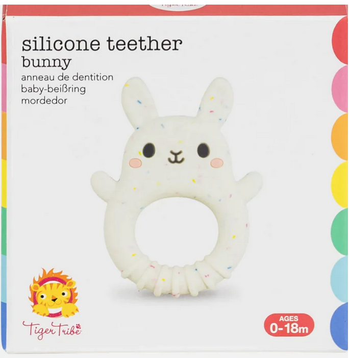 White box with multicolored border and a picture of the Silicone Bunny Teether.