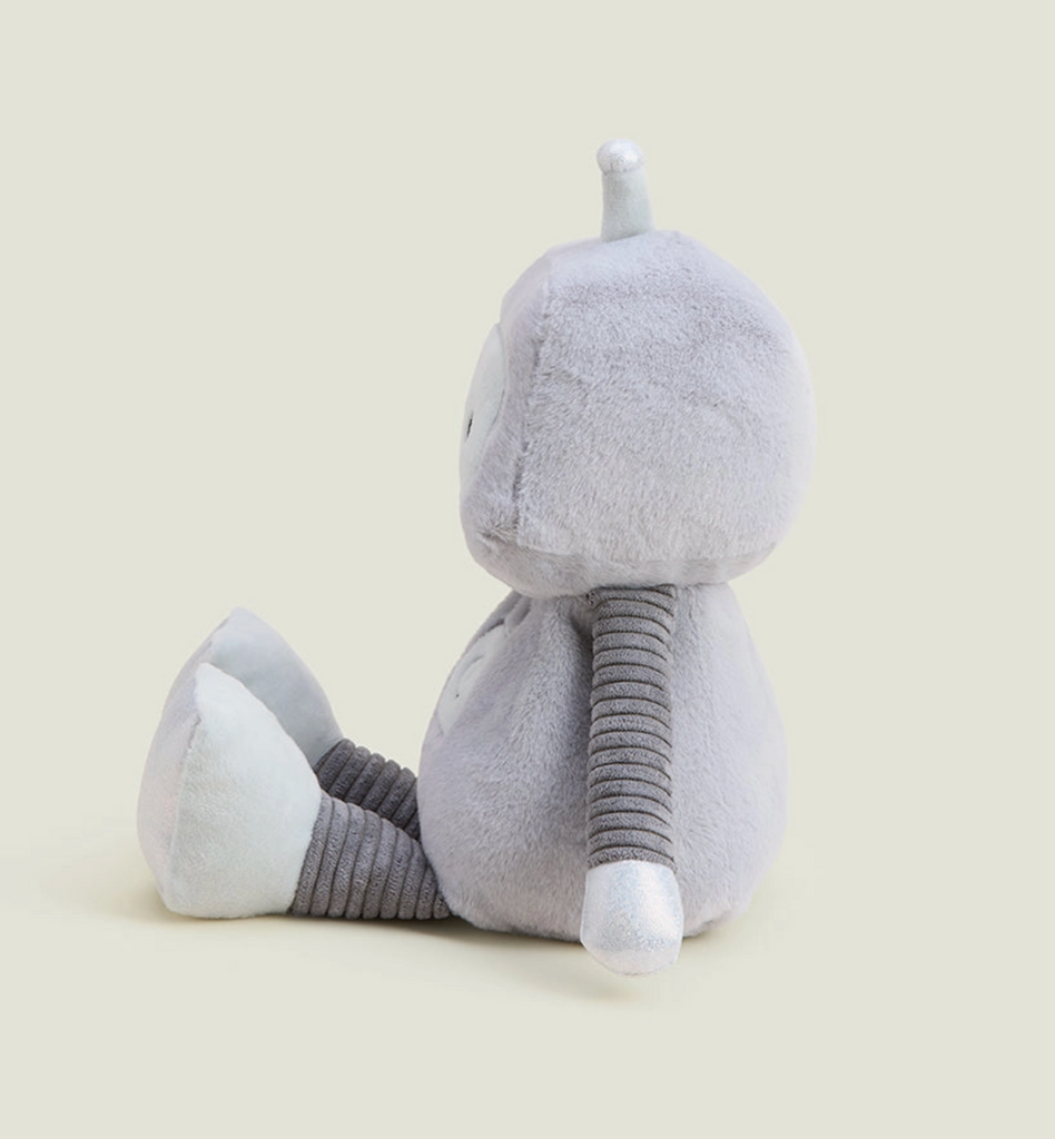 Side view of the Silver Robot Warmies plush doll. 