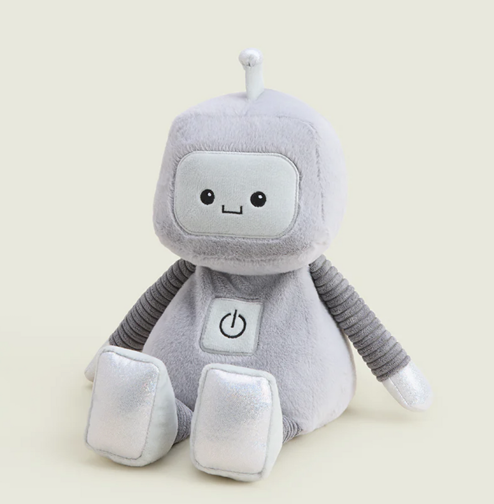 Silver Robot Warmies with a weighted body and couduroy ribbed arms and legs and shiny feet and hands. 