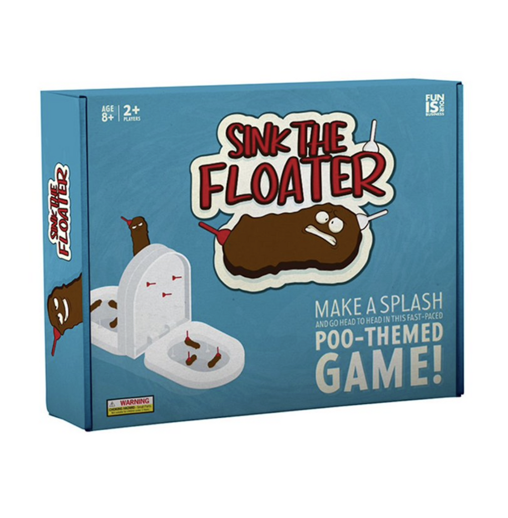 Sink the Floater game box with a picture of the toilet shaped game board on a blue background. 