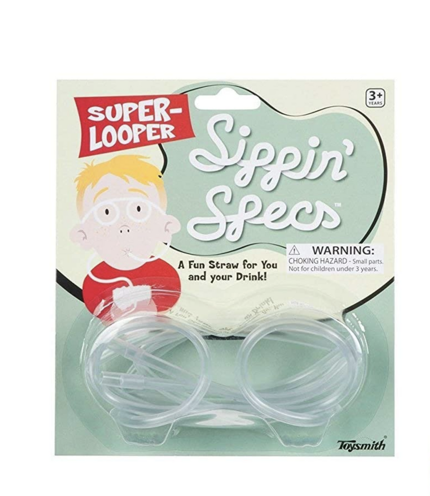 Cardboard hangtag with illustrated image of a kid wearing the Sippin' Specs. The actual Sippin' Specs are attached to the card. 