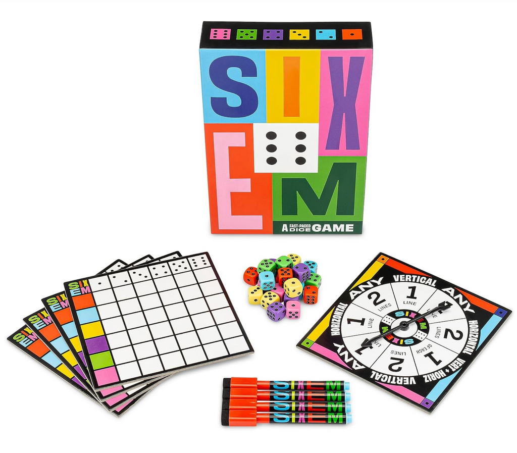 Game box, spinner, score cards and colorful dice used to play Sixem. 