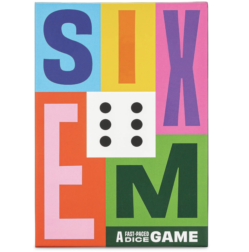 Colorfully illustrated box cover for Sixem Dice Game. 