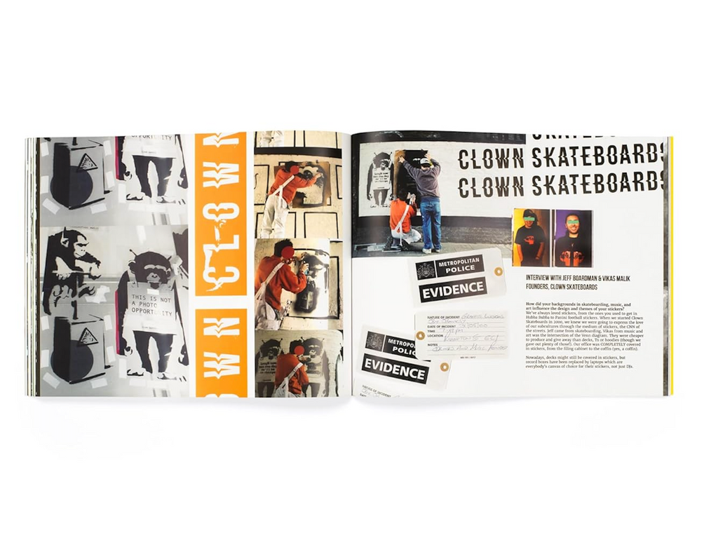 The Skateboard Stickers book opened to interior pages featuring an interview and pictures from the Clown Skateboards founders. 