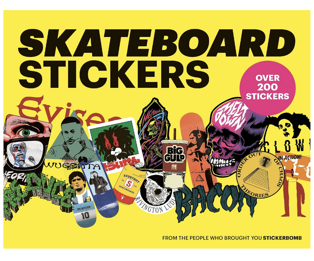 Bright yellow book cover featuring illustrations of many of the skateboard themed stickers contained within. 