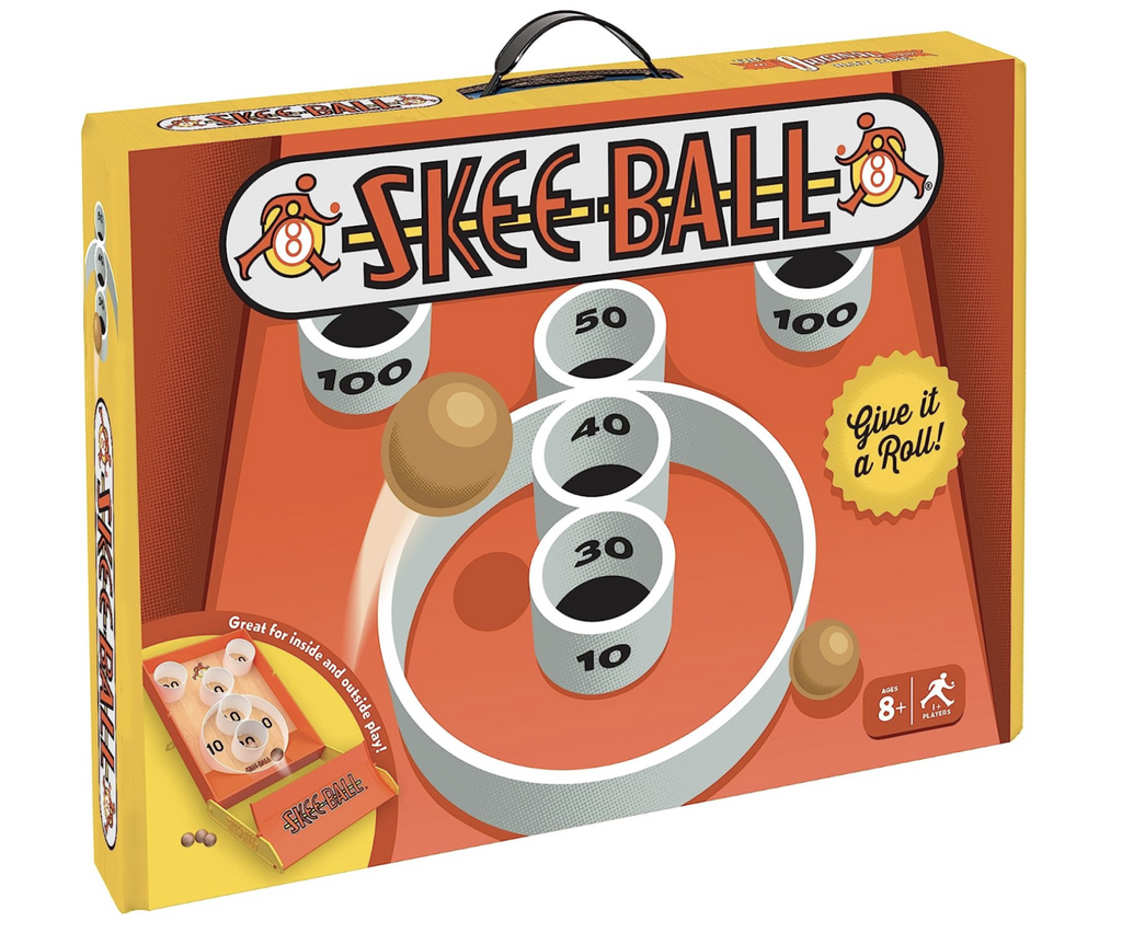 Box containing the Skee Ball game set. Graphics on the box look like the skee ball board. 