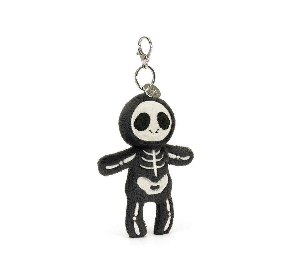 Skeleton Bob bag charm by Jellycat. With silver clasp and signature Jellycat disc. 