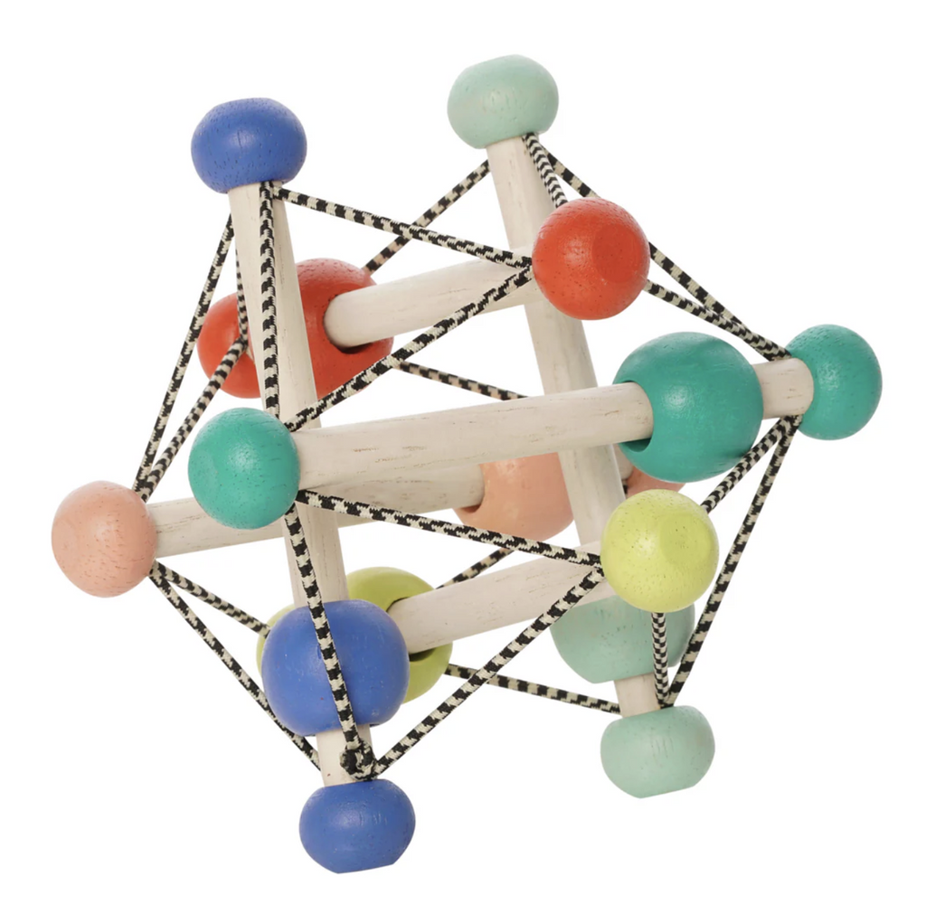 Skwish is a ball with wooden rods connected with black and white stretchy strings that have multicolored beads that slide and on the ends of the rods. 