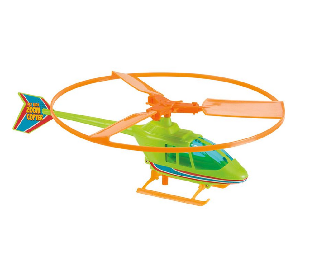 The Sky High Zoom Copter is a toy helicopter with green body, orange rotor, and colorful tail. 