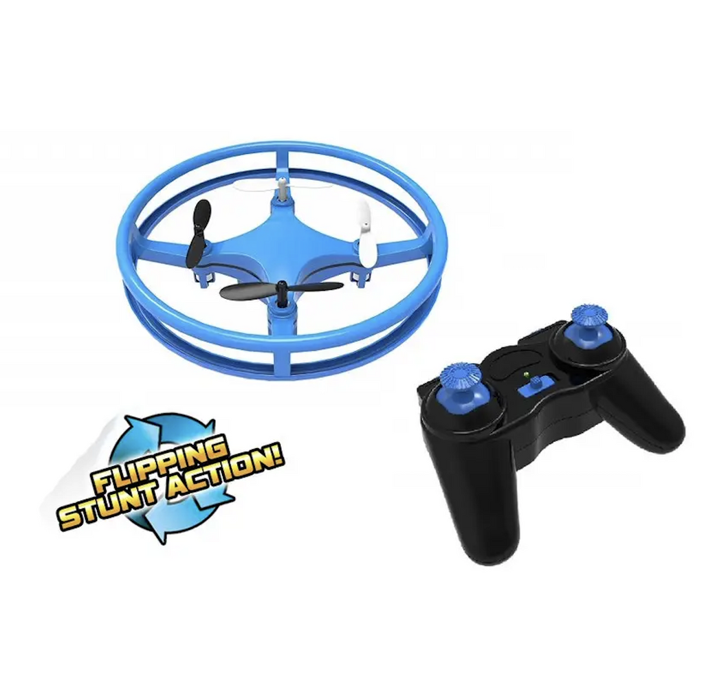 Blue circular drone with four propellers, the black remote control with blue knobs sitting to the right of the drone. 