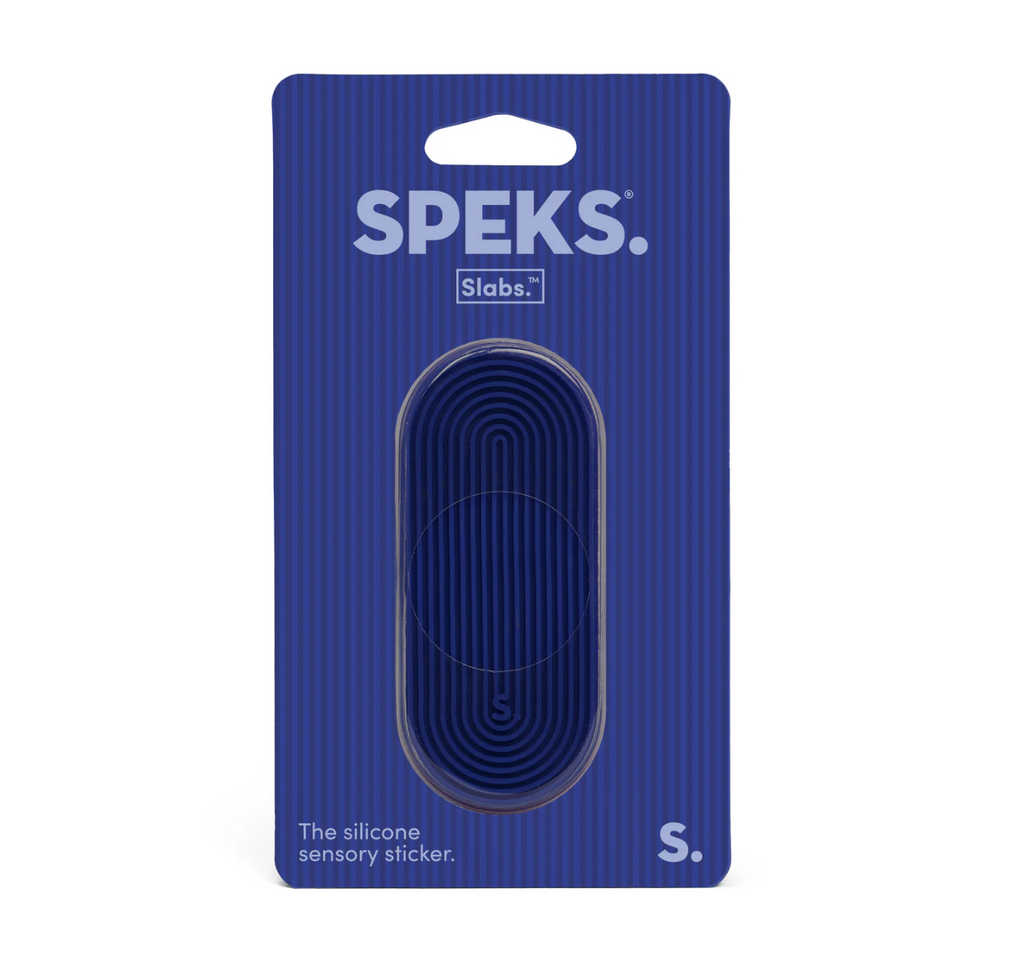 Speks Slabs silicone sensory sticker with the groove texture in an oval shape and dark blue color. 