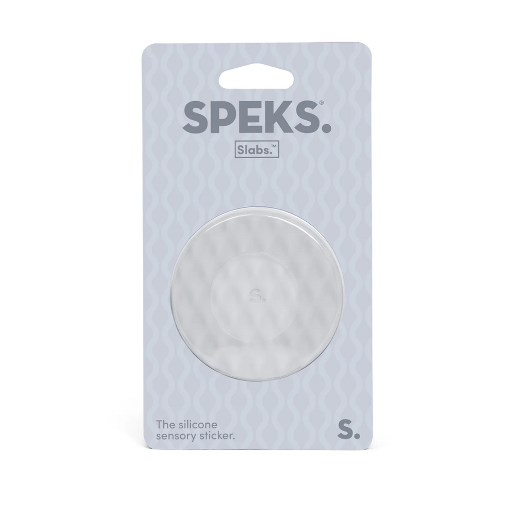 Speks Slabs Mesh Round Sensory Sticker packaged on a hang card. 