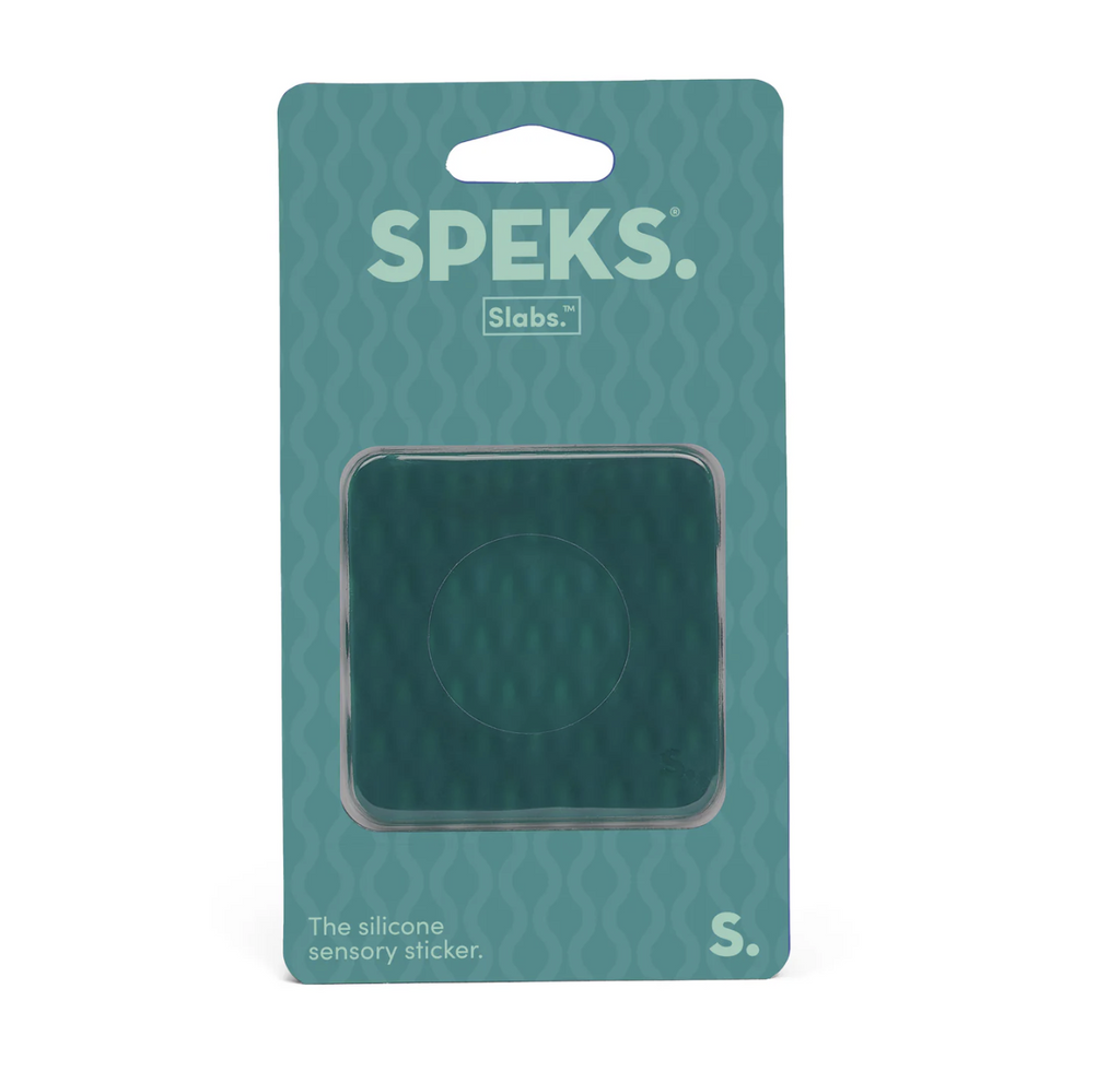 Green, square shaped sensory sticker packaged on a hang card with a honeycomb like texture. 