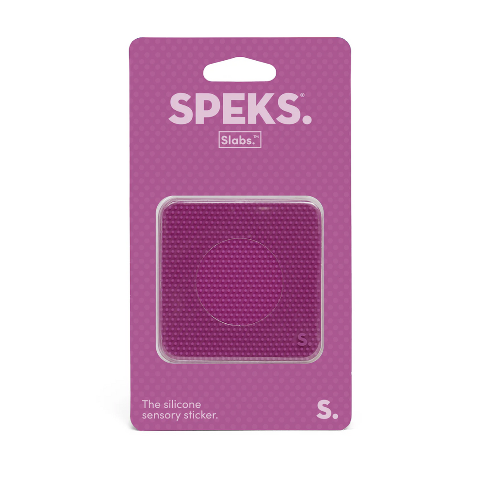 Speks Slabs Static Square Sensory Sticker packaged on a hang card. This square sticker has a dot texture. 