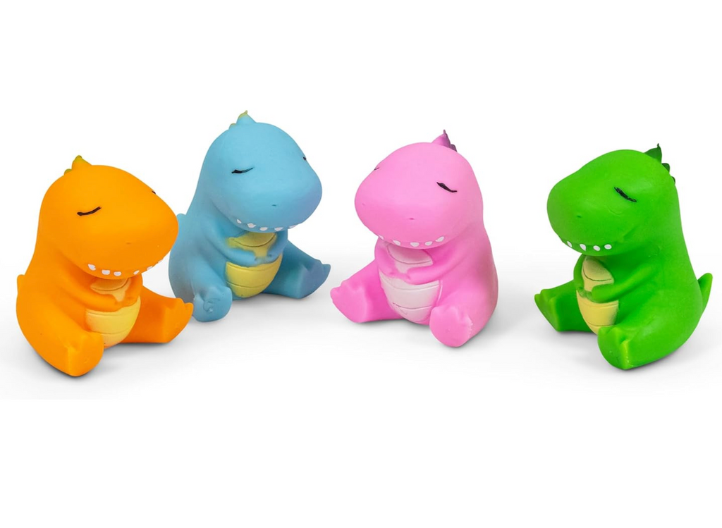 Each color of the Sleepy Dino Scrunchems sand filled sensory toys, including orange, blue, pink and green. 