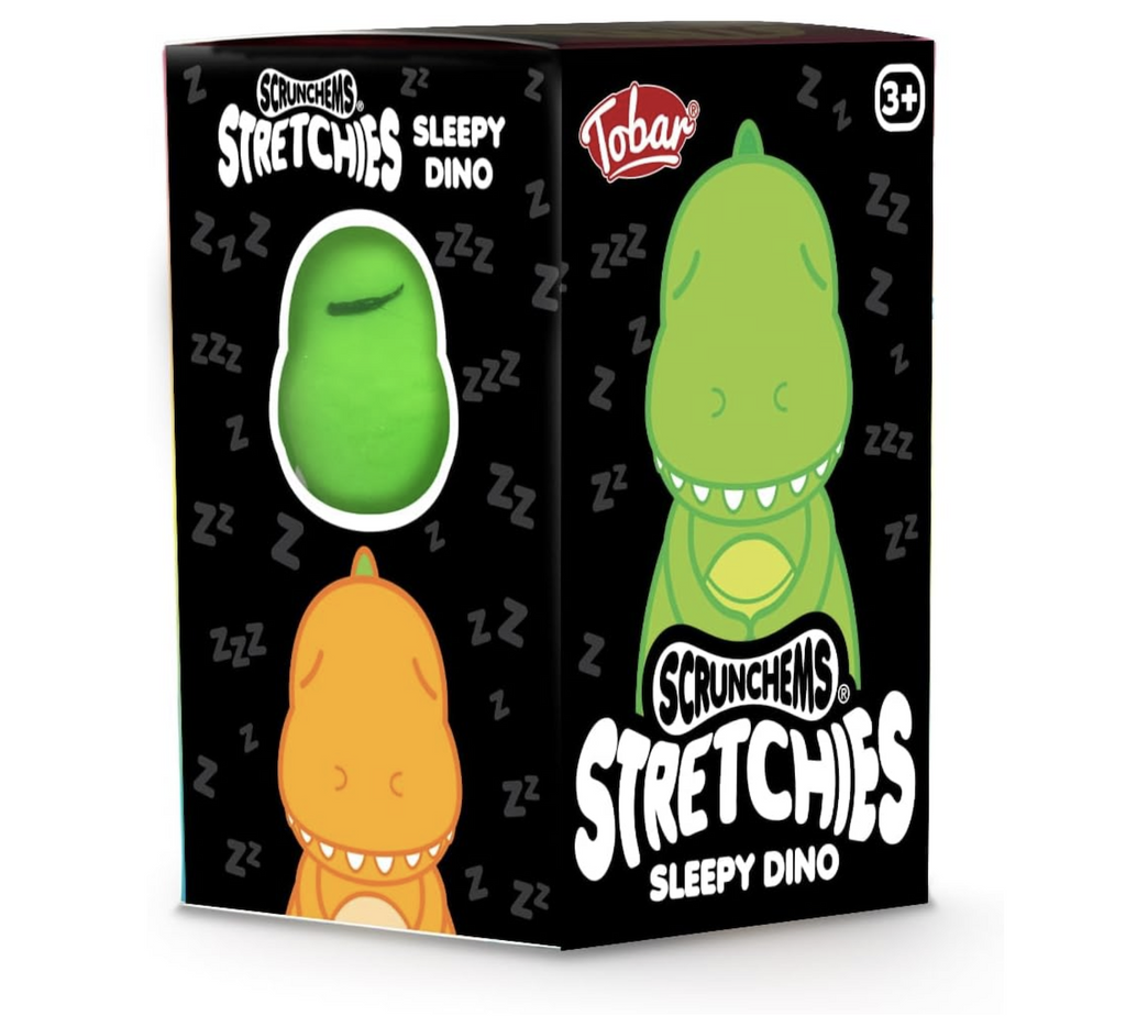 Black box with illustrations of the Sleepy Dino Scrunchems toy. Each side is decorated with a different colored dinosaur. 